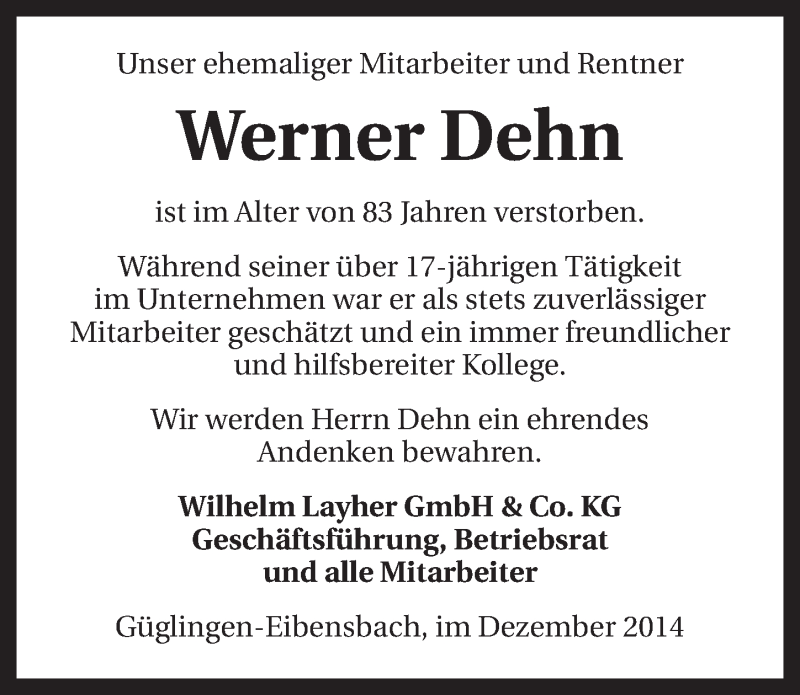  Traueranzeige für Werner Dehn vom 17.12.2014 aus 