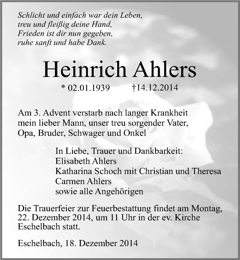  Traueranzeige für Heinrich Ahlers vom 18.12.2014 aus 
