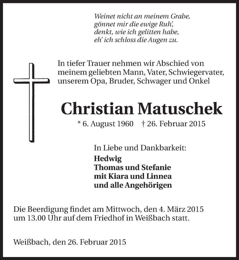  Traueranzeige für Christian Matuschek vom 02.03.2015 aus 