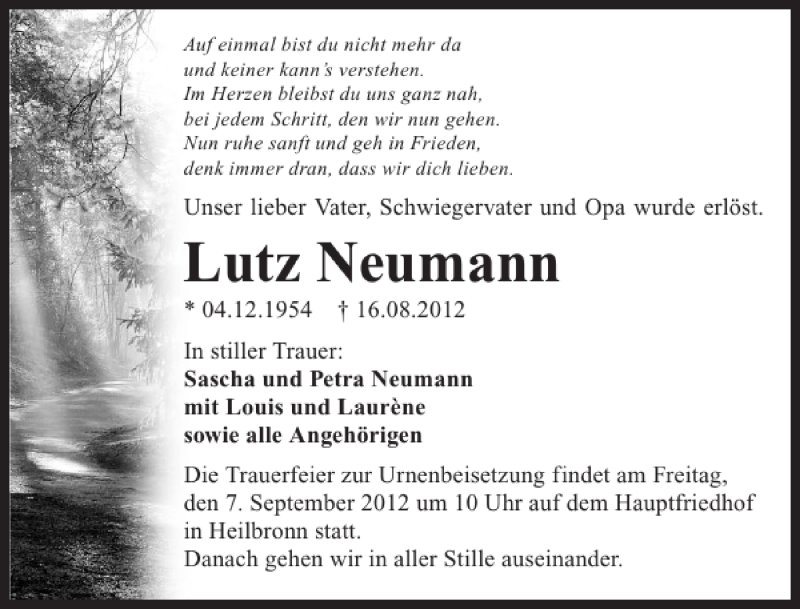  Traueranzeige für Luz Neumann vom 25.08.2012 aus 