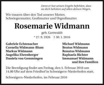 Traueranzeige von Rosemarie Widmann 