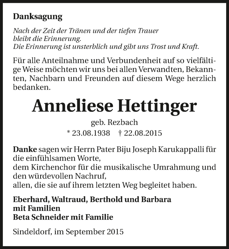  Traueranzeige für Anneliese Hettinger vom 26.09.2015 aus 