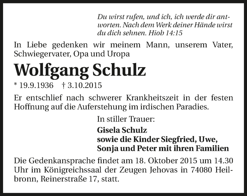  Traueranzeige für Wolfgang Schulz vom 10.10.2015 aus 