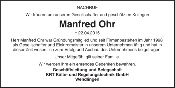 Traueranzeige von Manfred Ohr 