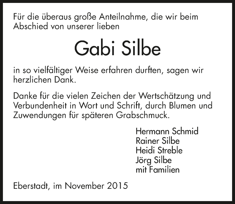  Traueranzeige für Gabi Silbe vom 23.11.2015 aus 