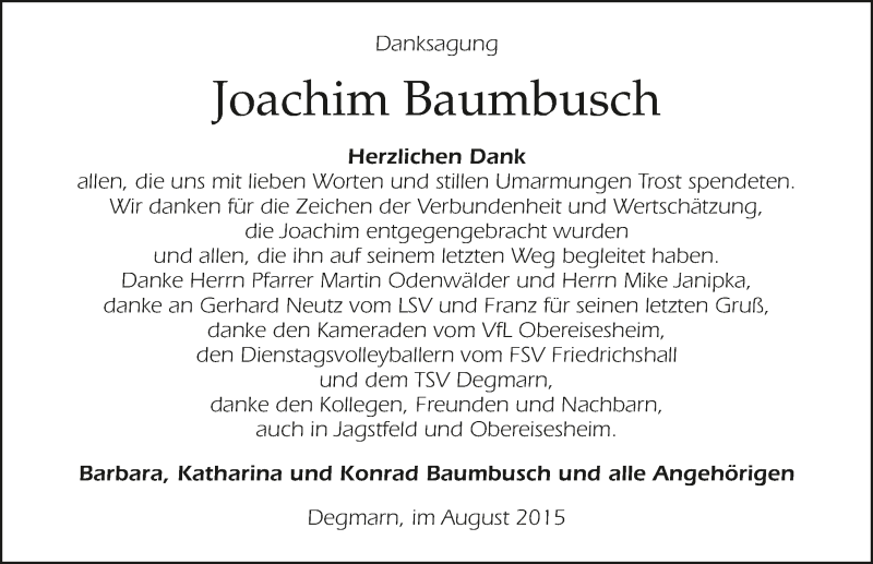  Traueranzeige für Joachim Baumbusch vom 25.08.2015 aus 