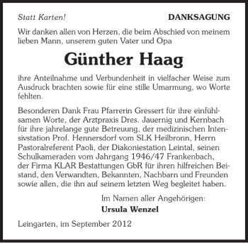 Traueranzeige von Günther Haag 