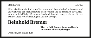 Traueranzeige von Reinhold Bremer 
