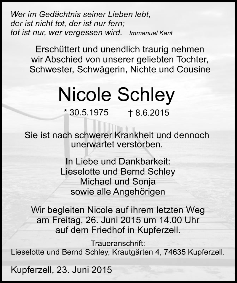  Traueranzeige für Nicole Schley vom 23.06.2015 aus 