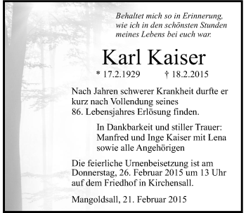 Traueranzeige von Karl Kaiser 
