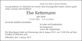 Traueranzeige von Else Kettemann 