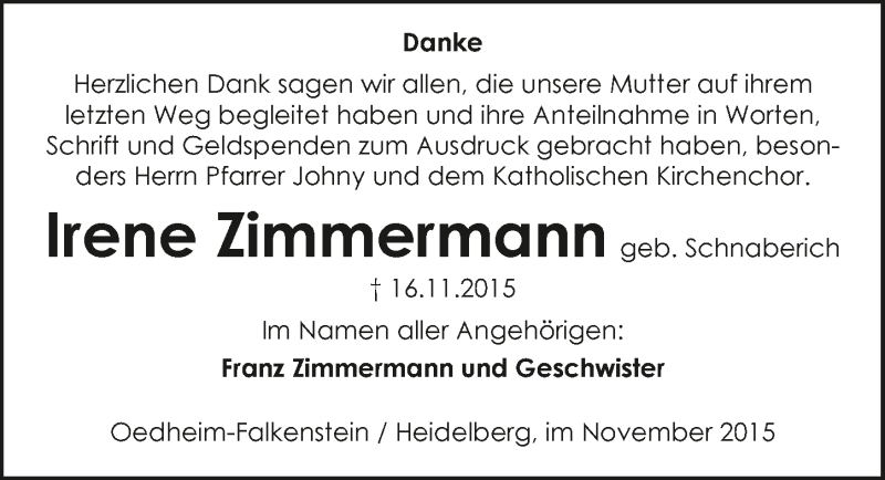  Traueranzeige für Irene Zimmermann vom 05.12.2015 aus 