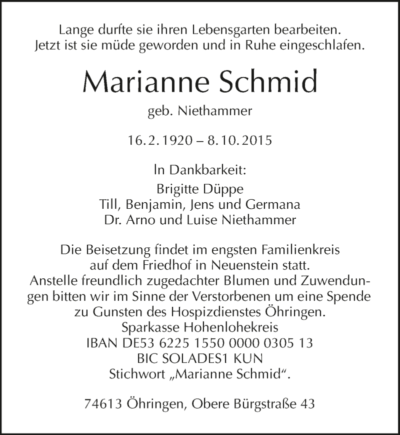  Traueranzeige für Marianne Schmid vom 17.10.2015 aus 