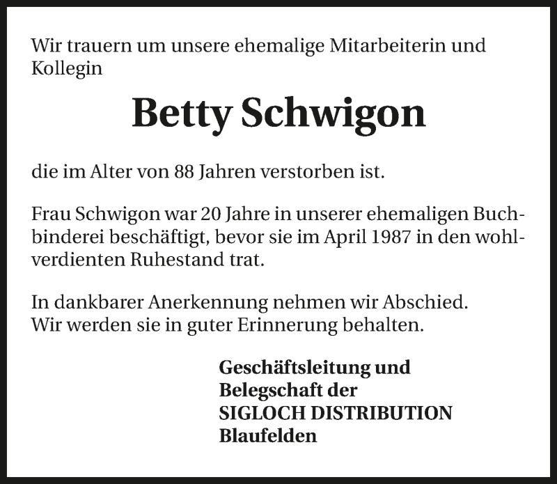  Traueranzeige für Betty Schwigon vom 12.01.2016 aus 