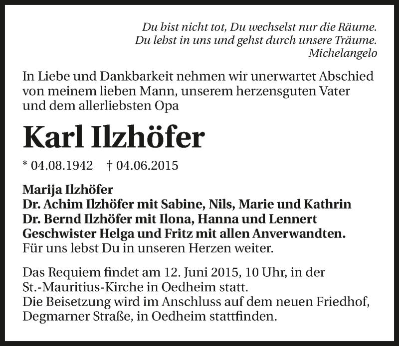  Traueranzeige für Karl Ilzhöfer vom 09.06.2015 aus 