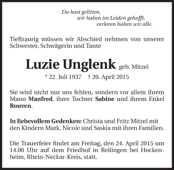 Traueranzeige von Luzie Unglenk 