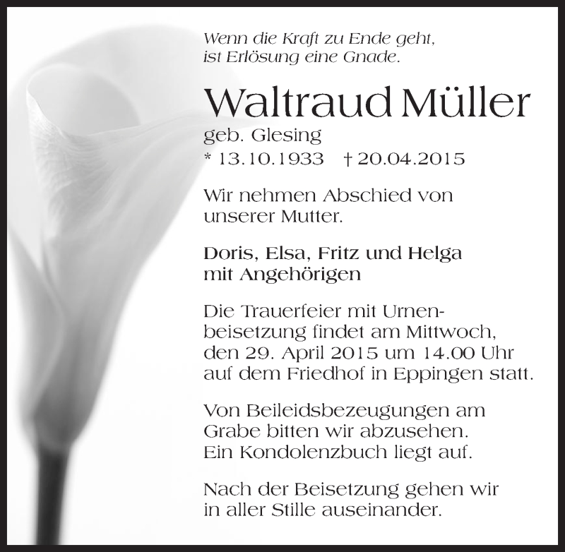  Traueranzeige für Waltraud Müller vom 27.04.2015 aus 