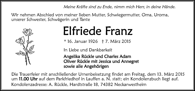 Traueranzeige für Elfriede Franz vom 09.03.2015 aus 