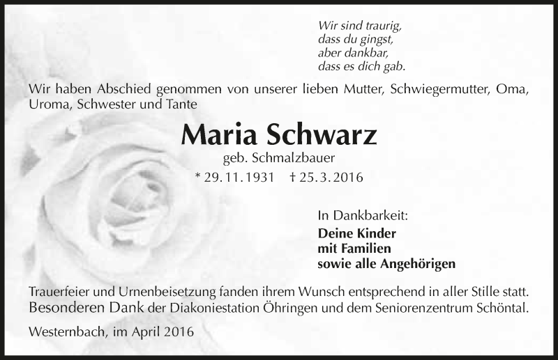  Traueranzeige für Maria Schwarz vom 13.04.2016 aus 