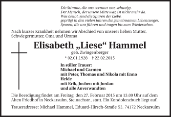 Traueranzeige von Elisabeth Hammel 