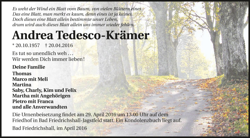  Traueranzeige für Andrea Tedesco-Krämer vom 23.04.2016 aus 