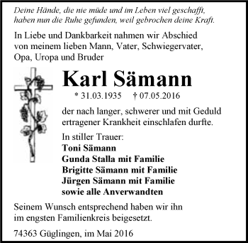 Traueranzeige von Karl Sämann 