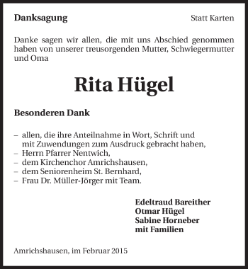Traueranzeige von Rita Hügel 