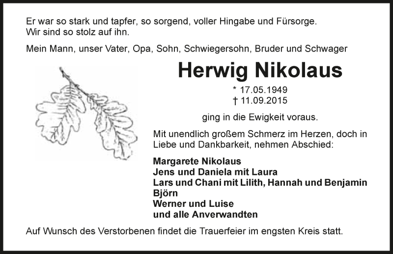  Traueranzeige für Herwig Nikolaus vom 16.09.2015 aus 