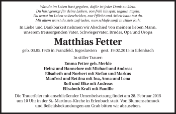 Traueranzeige von Matthias Fetter 