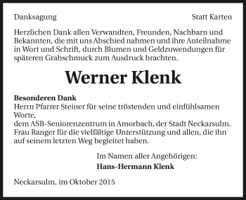 Traueranzeige von Werner Klenk 