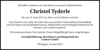 Traueranzeige von Christel Tyderle 