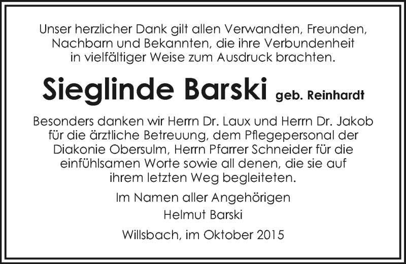  Traueranzeige für Sieglinde Barski vom 17.10.2015 aus 