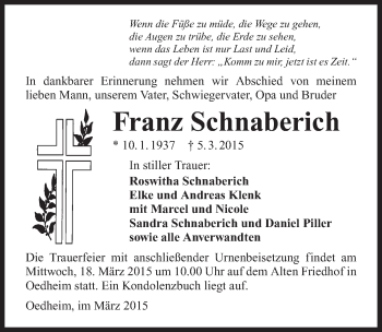Traueranzeige von Franz Schnaberich 