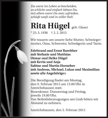 Traueranzeige von Rita Hügel 