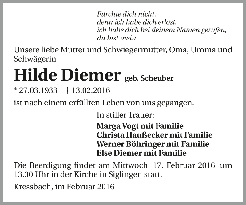  Traueranzeige für Hilde Diemer vom 16.02.2016 aus 