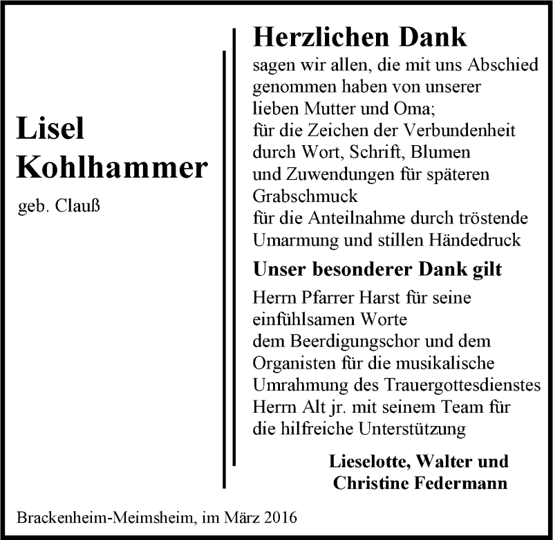  Traueranzeige für Lisel Kohlhammer vom 31.03.2016 aus 