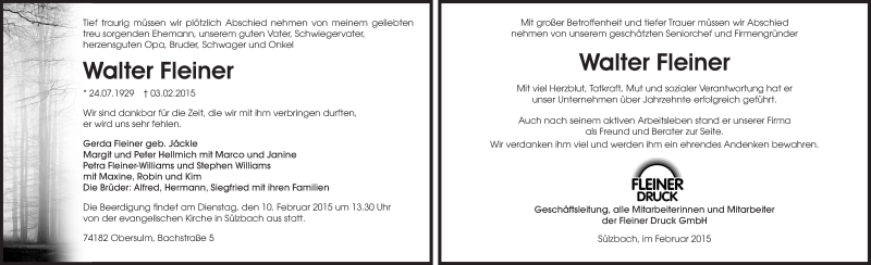  Traueranzeige für Walter Fleiner vom 07.02.2015 aus 