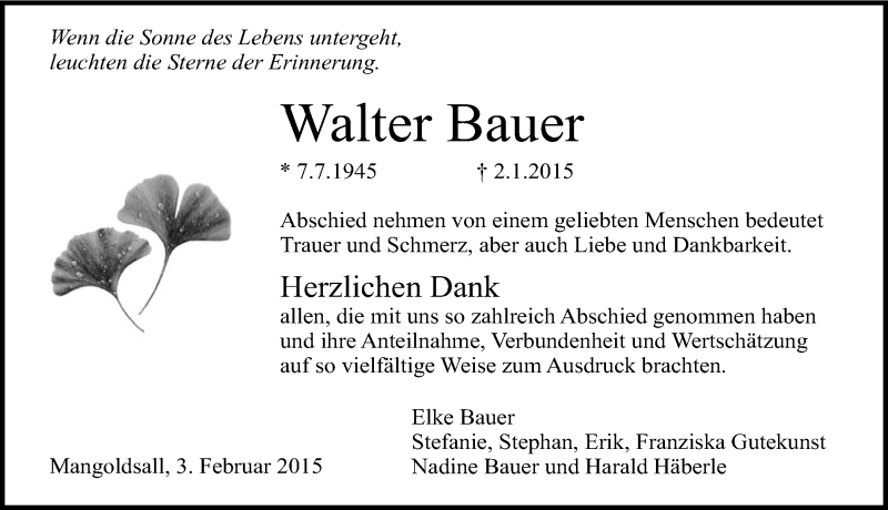  Traueranzeige für Walter Bauer vom 03.02.2015 aus 