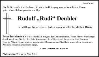 Traueranzeige von Rudolf Deubler 