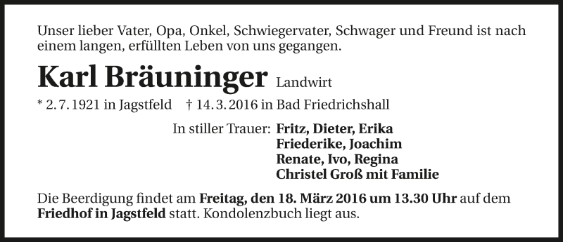  Traueranzeige für Karl Bräuninger vom 16.03.2016 aus 