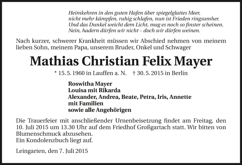  Traueranzeige für Mathias Christian Felix Mayer vom 07.07.2015 aus 