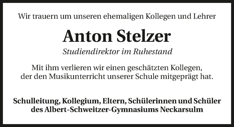  Traueranzeige für Anton Stelzer vom 05.04.2016 aus 