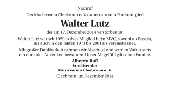 Traueranzeige von Walter Lutz 