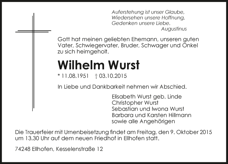  Traueranzeige für Wilhelm Wurst vom 06.10.2015 aus 