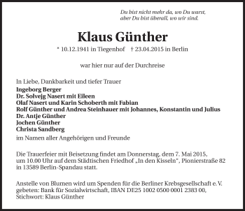 Traueranzeige von Klaus Günter 