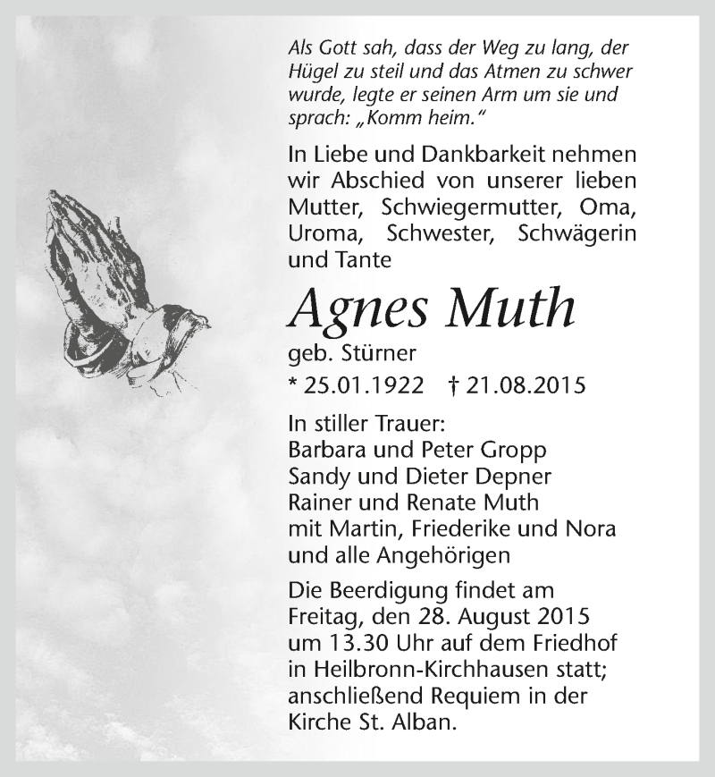  Traueranzeige für Agnes Muth vom 26.08.2015 aus 