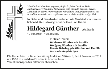 Traueranzeige von Hildegard Günther 
