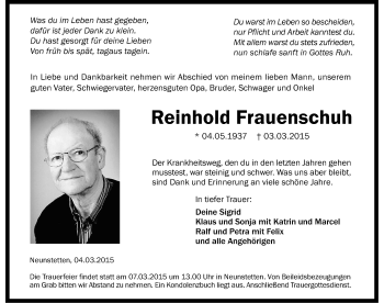 Traueranzeige von Reinhold Frauenschuh 