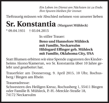 Traueranzeige von Sr Konstantia 