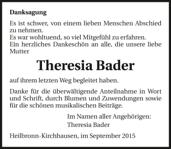 Traueranzeige von Theresia Bader 